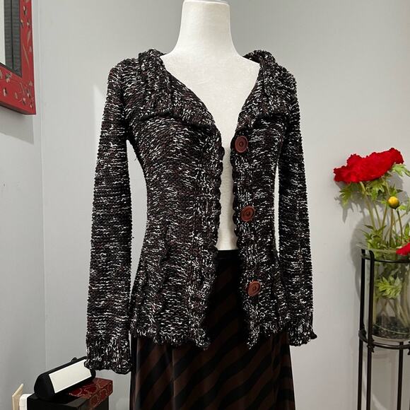NEW BCBG Academia Flutter Collar Button Front Open Weave Knit Cardigan S NWOT - Picture 3 of 16